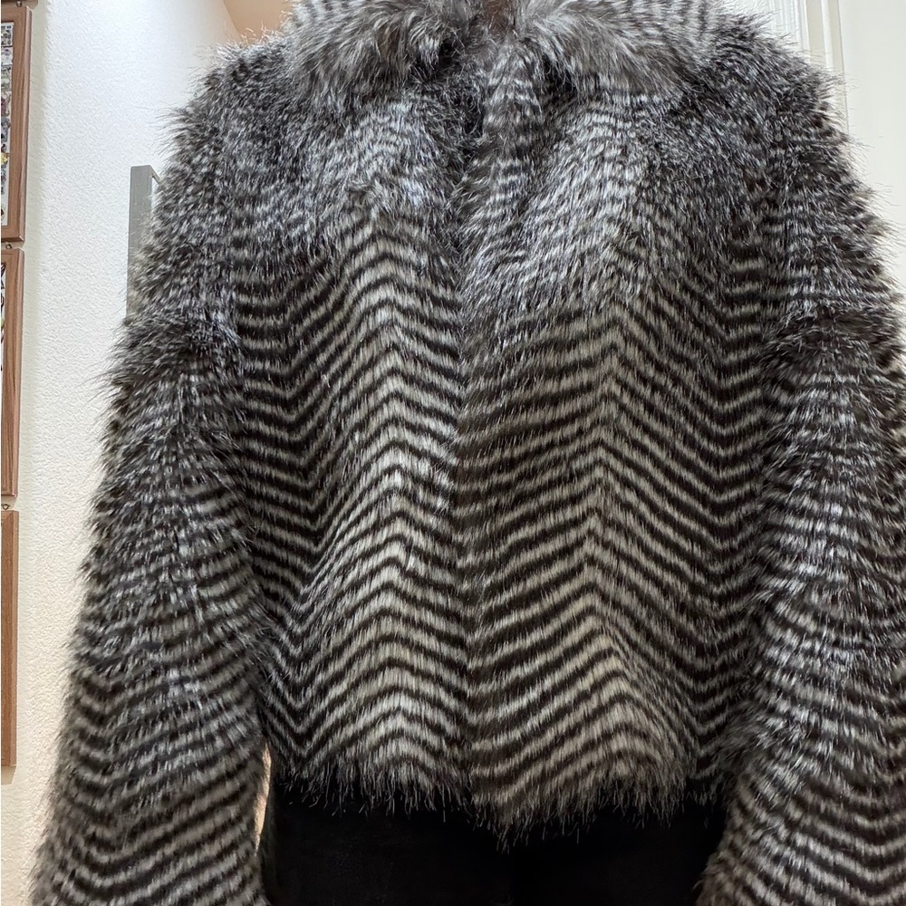 Chic Black and White Zebra Stripe Faux Fur Jacket